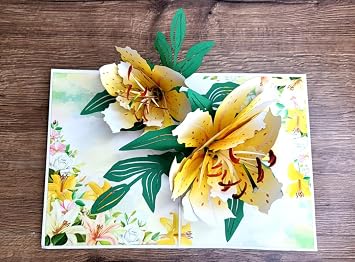 3D Pop Up Birthday Card With Lily Bouquet - Handmade - Yellow Flowers - 6 x 8
