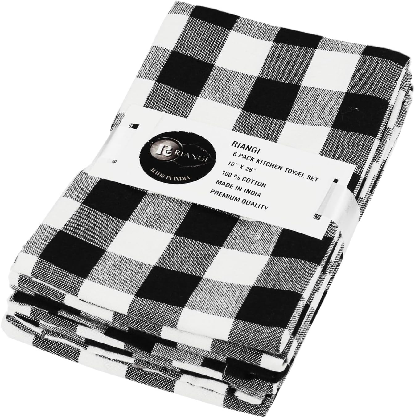 RIANGI Kitchen Hand Towels Set of 6 White/Black Dish Towels