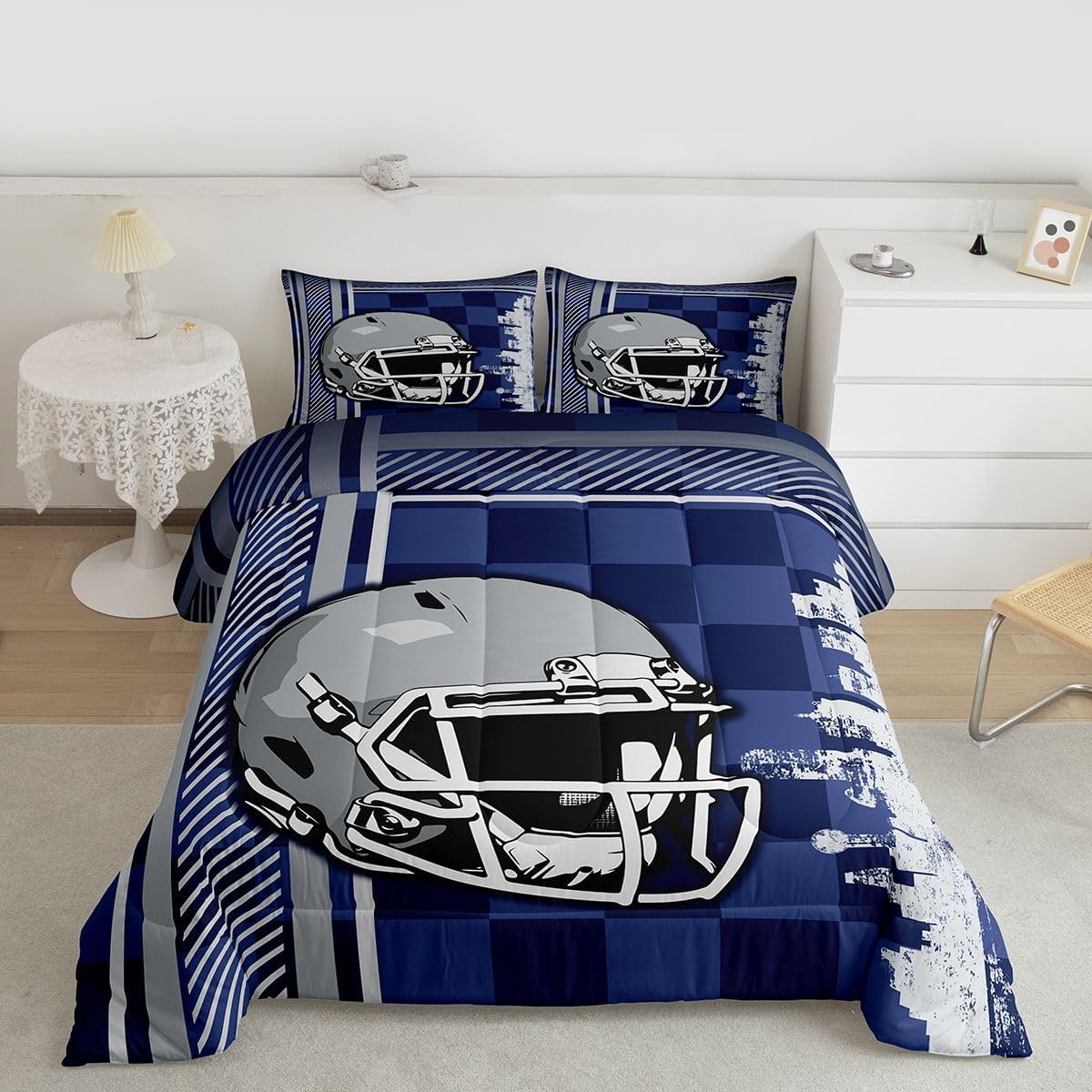 Erosebridal Boys Rugby Football Queen Comforter Set Football Sports Game Down Comforter, Rugby Ball Fan Helmet Bedding Set, Competitive Games European Sport Duvet Set Grey Blue - Image 5