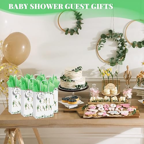 Miniatura 6 de PerKoop Paquete de 50 bolsas de regalo de bienvenida de baby shower con 50 papel de seda verde, 50 etiquetas, 1 cuerda para baby shower, bolsas de