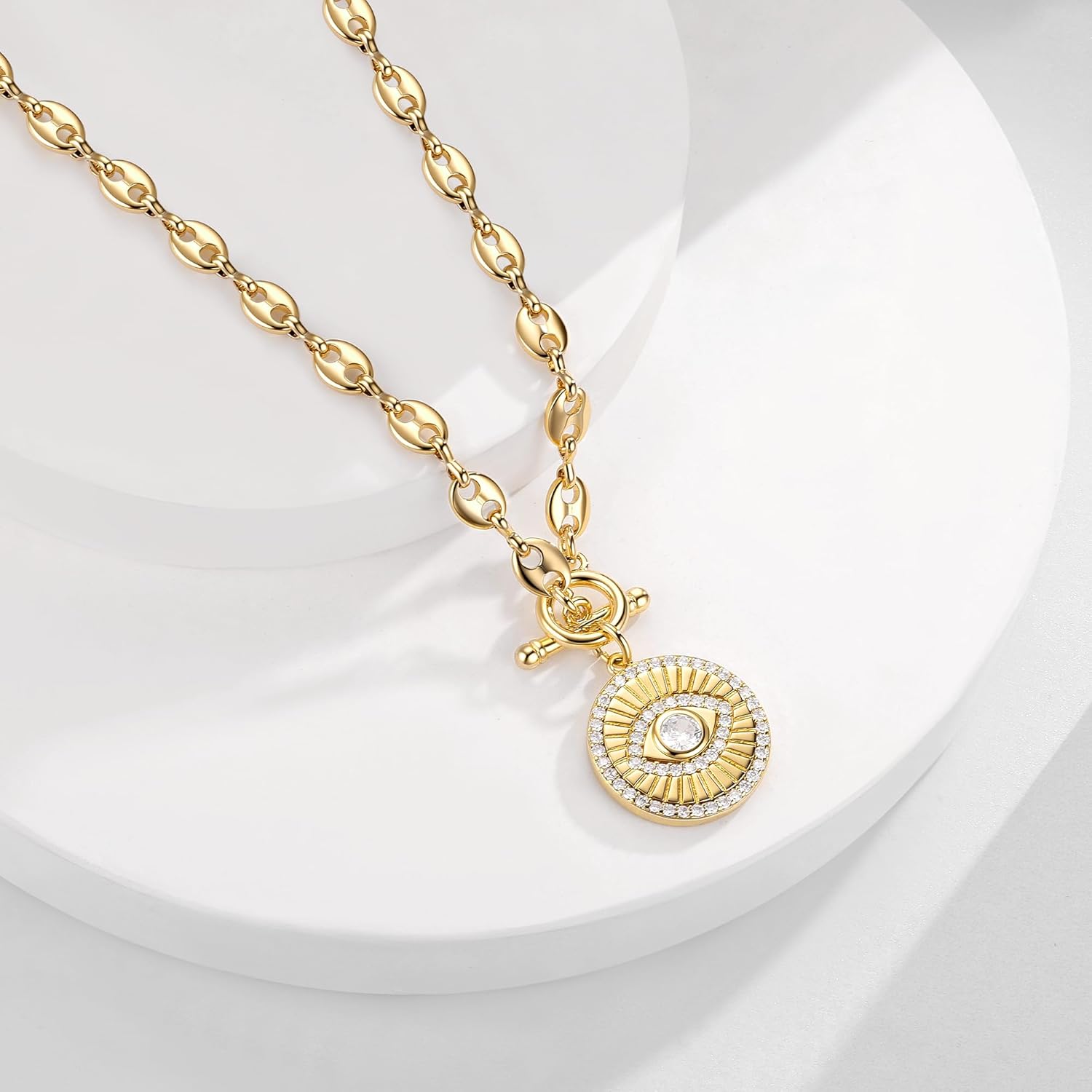 NUZON Sunburst Heart / 2-Tone Interlocking/CZ Evil Eye/Single Pearl/Love Heart Pendant Necklace for Women 14K Gold Chain Necklace Chunky Statement Jewelry - Image 5