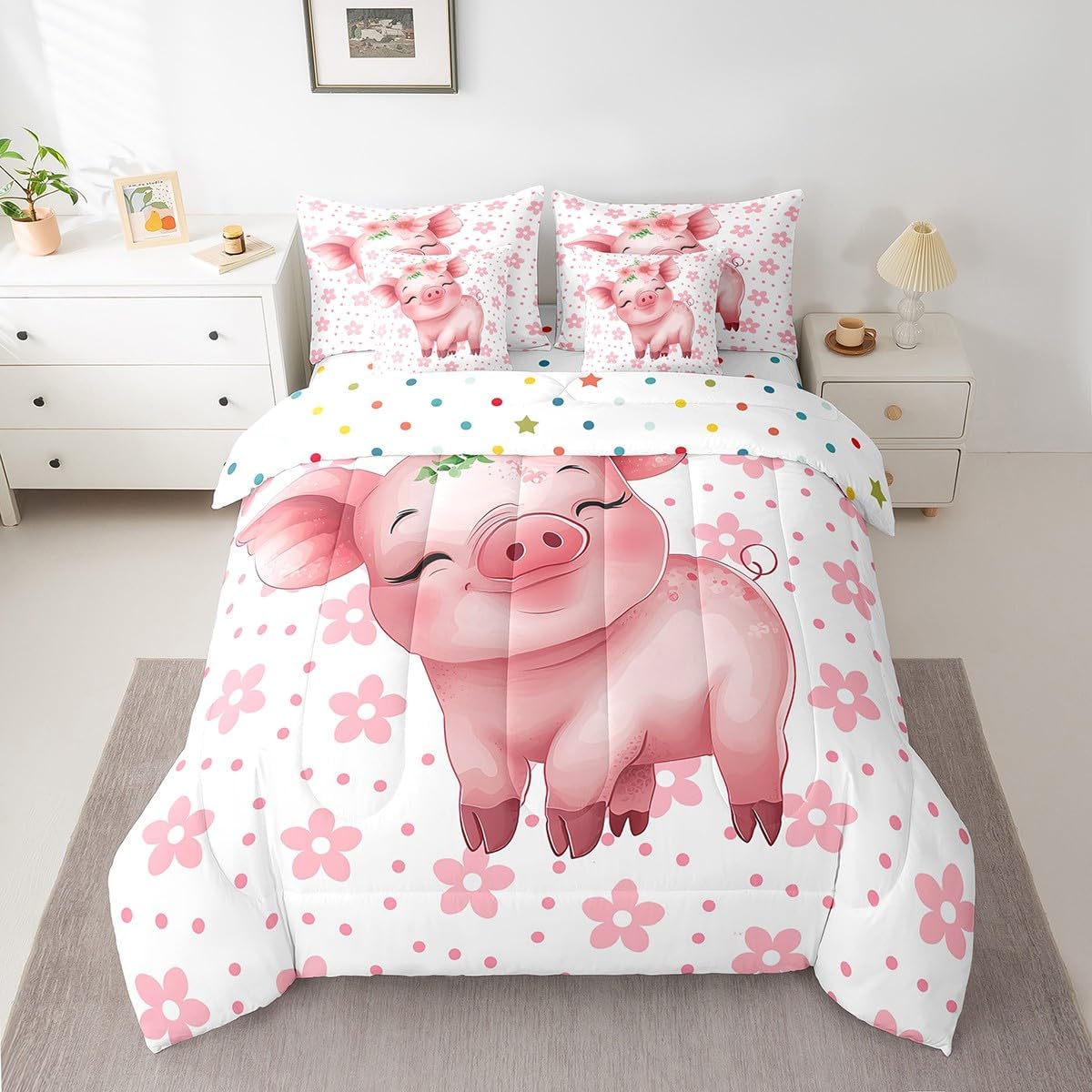 Erosebridal Cartoon Pig Bedding Queen Size 7pcs Pink Flower Floral Comforter Set, Cute Piggy Bedding Comforter Sets Kawaii Farm Animal Bed in a Bag, Chic Blossoms Bedding Accessories