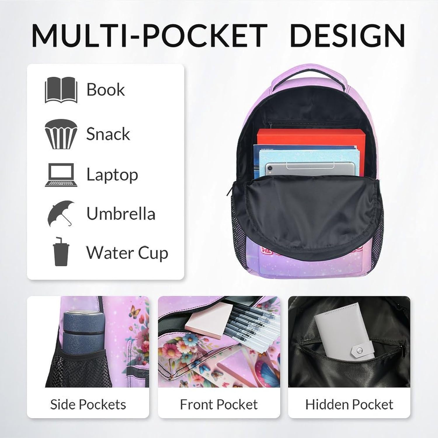 Backpack with Lunch Box for Girls, Personalized Butterfly Backpacks for Women Teens, 17 Inch Cute Kids Bookbag with Pencil Case, Custom Initial Name Bookbags for School