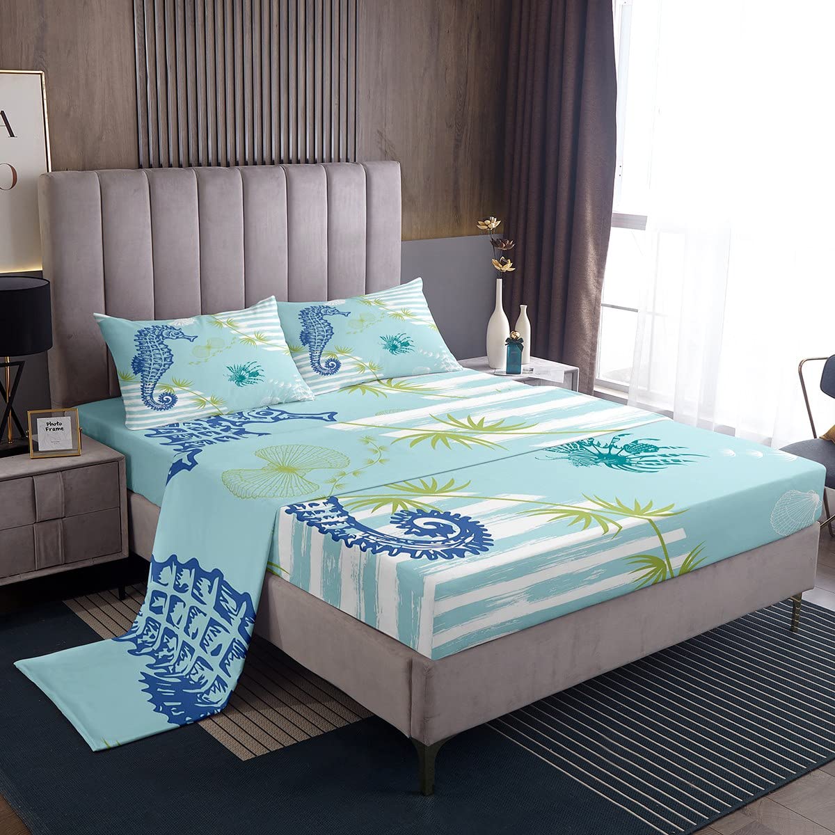 Kids Seahorse Bed Sheets Ocean Animal Aquatic Plants Sheet Set Boys Girls Hippocampus Blue Bed Set Cute Aquatic Animal Marine Life Sheets 4Pcs Double Size