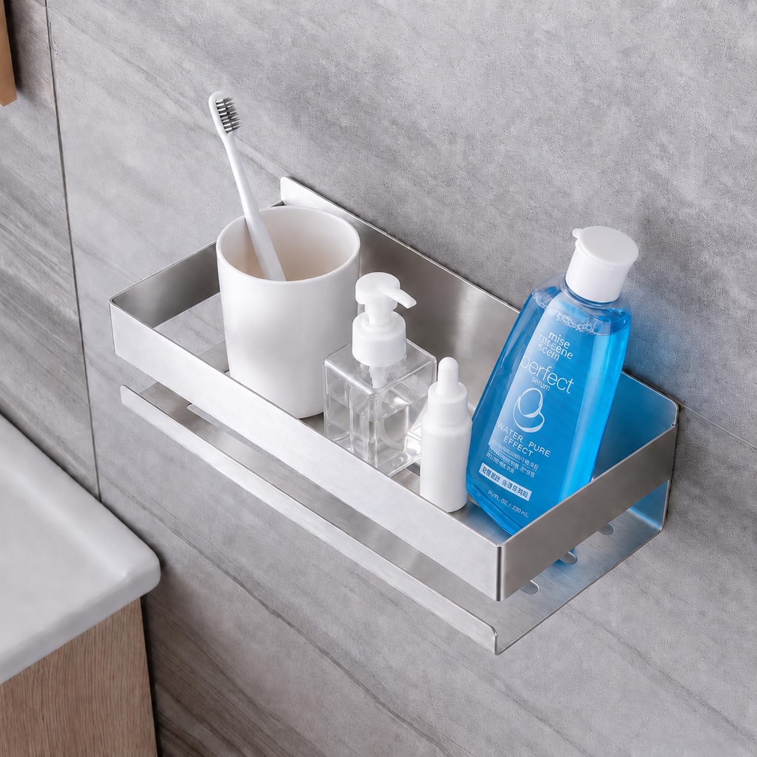 Trlyane SUS304 Stainless Steel Shower Caddy No Drilling, Self-Adhesive Wall Mounted Bathroom Shelf with Drainage Slots, Silver Shower Organiser Rack for Shampoo, Soap and Toiletries, 23 x 10 x 8 cm