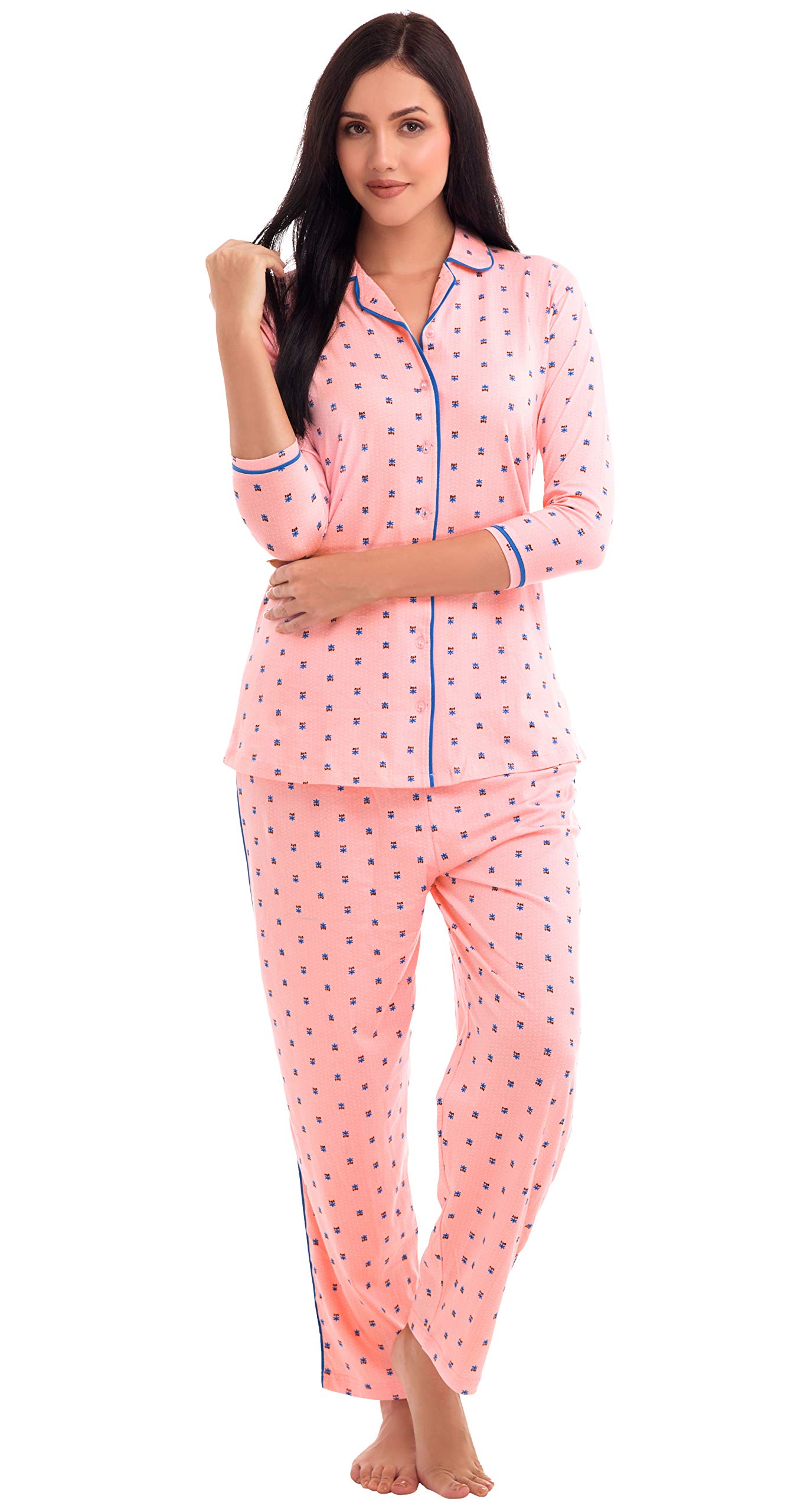 ZEYO Women's Cotton Blue & Pink Floral Print Night Suit