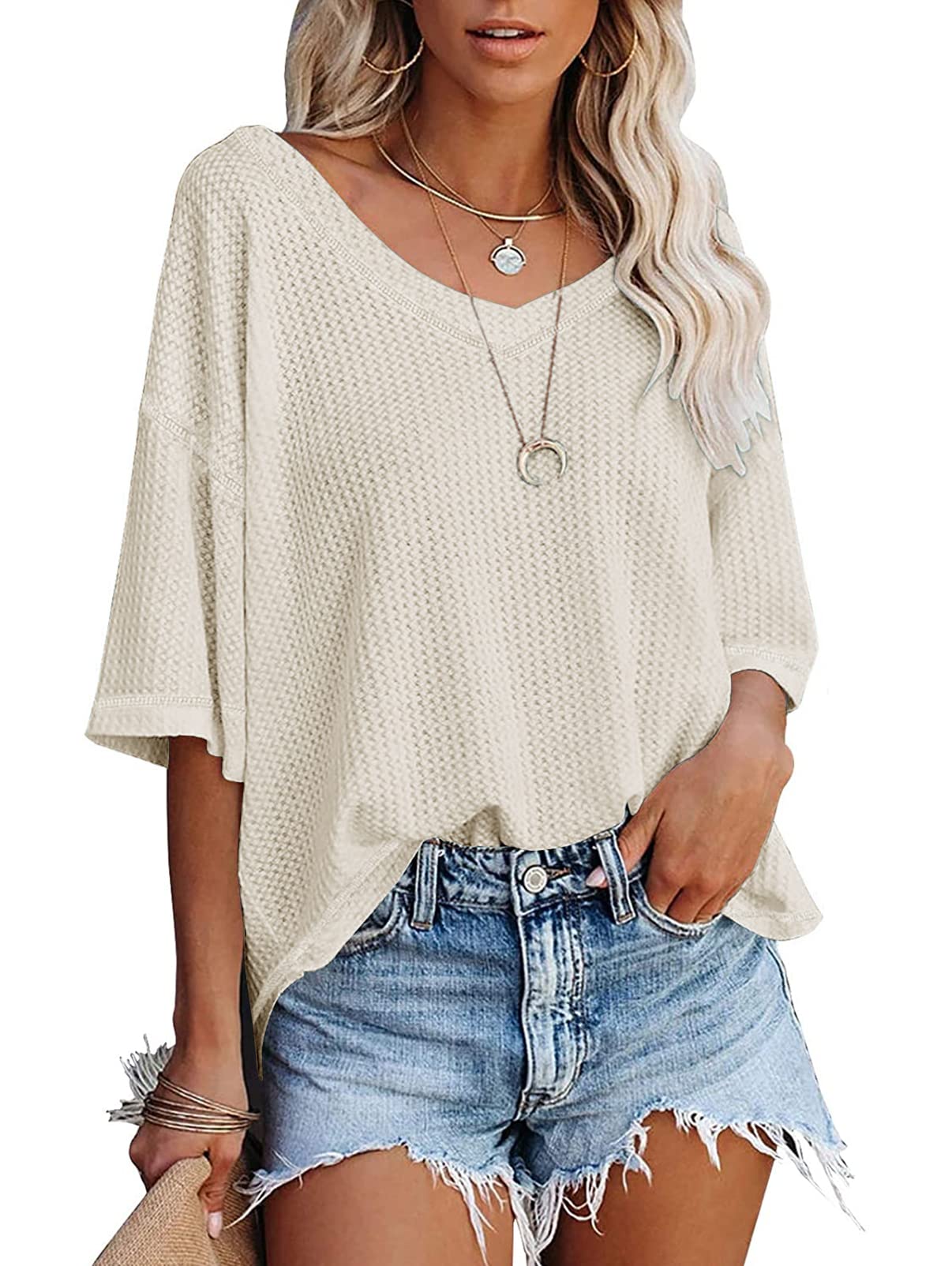 MEROKEETYWomen's V Neck Batwing Half Sleeve Shirts Waffle Knit Loose Blouse Solid Color Tops