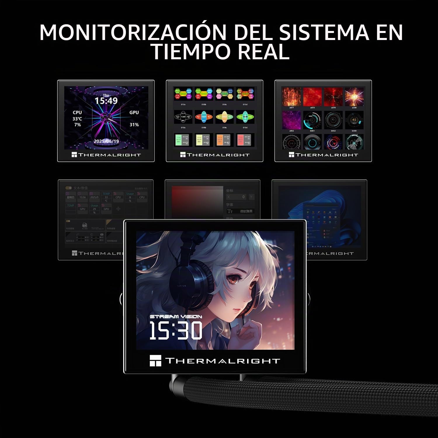 Thermalright Enfriador de líquido de CPU Stream Vision 360 Black, pantalla LCD de 3,5 pulgadas con ventilador incorporado magnético, resolución 640x480, velocidad de 2400RPM, compatible con AM5