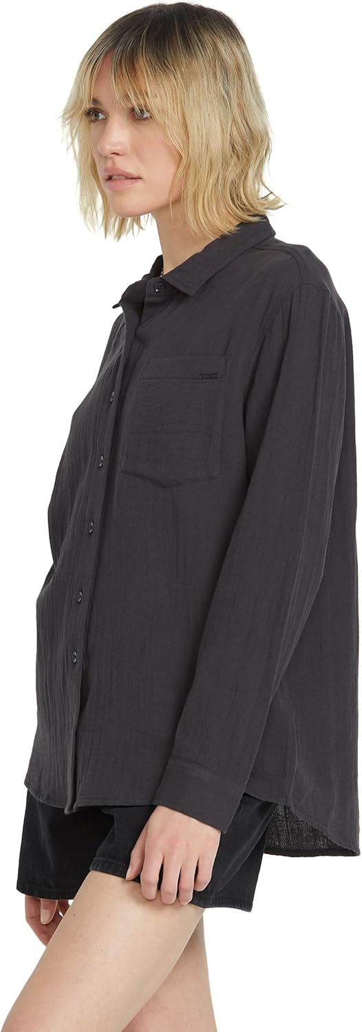 Volcom Womens Lived Lounge Long Sleeve Button Down Beach Coverup Shirt – Oversized Shirt with Scalloped Hem - Image 3