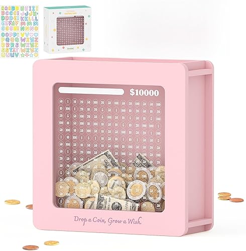Miniatura 21 de Summidate Caja de ahorro de dinero de madera, caja de ahorro de ventana transparente -10000 desafío con calcomanías de rastreador, alcancía