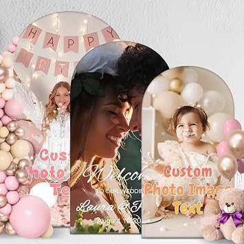 Custom Photo Backdrop Personalized Arch Cover with Picture Text Customized Arch Backdrop Cover for Wedding Birthday Party Holiday Graduation3.9FT,4.9FT,6FT,6.6FT,7.2FT