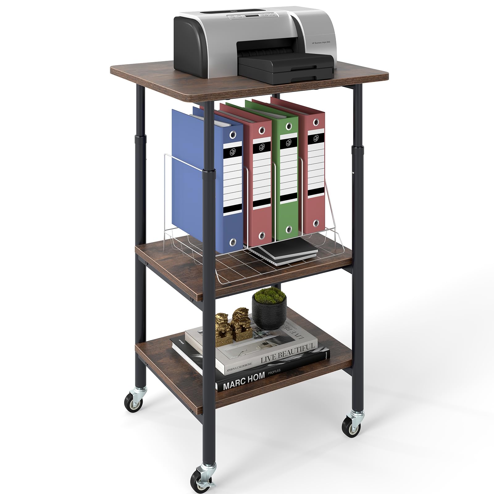 COSTWAY 2/3-Tier Mobile Printer Stand with Wheels, Rolling Desk Organizer Storage Shelf Printer Table Desktop Stand, Home Office Under Desk Cart Unit for Fax Machine (49 x 40 x 77cm, Rustic Brown)
