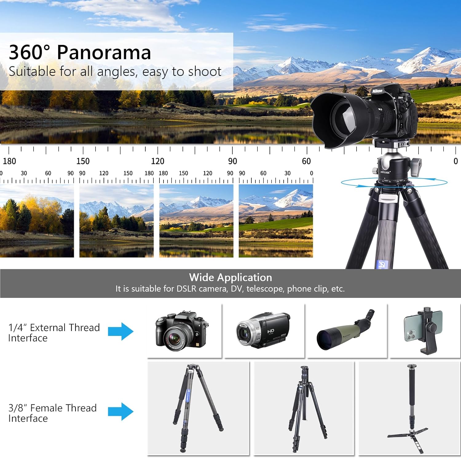 ARTCISE 50mm Low Profile Tripod Ball Head with Arca Swiss Lever Quick Release Clamp Heavy Duty CNC Aluminum Tripod Head Mount 360° Panoramic Base for DSLR Camera Tripod Monopod Max Loading 25kg/55lb