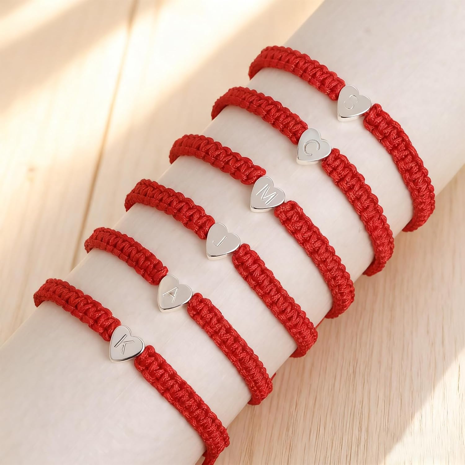 Trendy Silver Heart Initial C Red Strand Stack Bracelet for Women, Simple Stackable Letter Bracelets Accessories Prom Fashion Jewelry Gift - Image 6