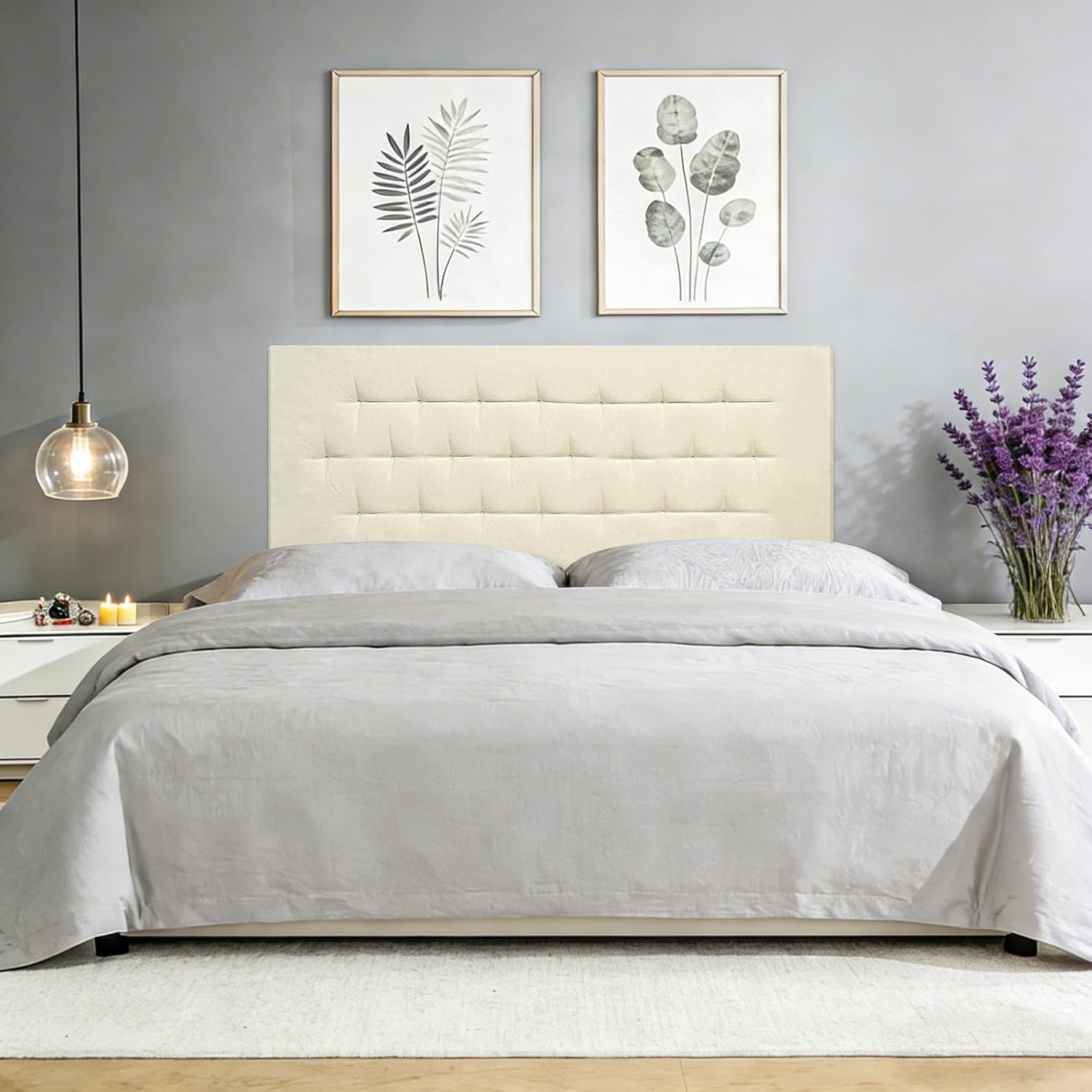 Upholstered Headboard Full Size, 54" x 21" Easy No-Tools Wall Mounted Bed Headboards, Modern Linen Button Diamond Tufted Design, Beige