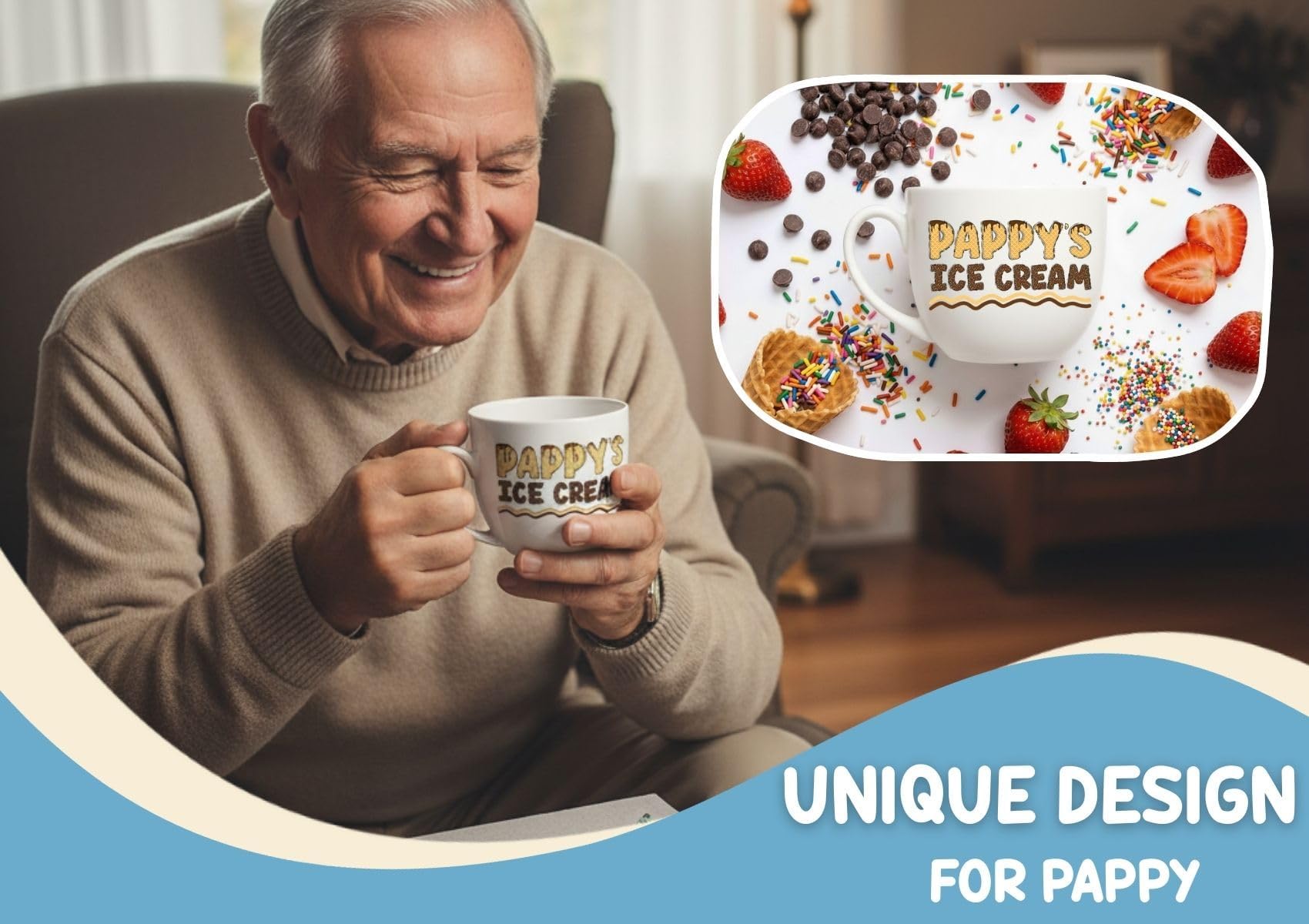 InnoBeta Pappy Gifts, Fathers Day Gift Ice Cream Bowl Scoop Shovel Spoon Set, Pappy Ice Cream Gift from Grandkids Grandchildren, Ideal Xmas Birthday Father's Day Grandpa Present