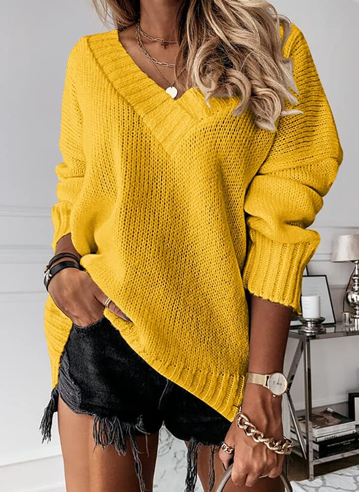 Womens Loose Sweaters Sexy V Neck Long Sleeve Solid Knitted Jumper Pullover Sweatshirt Tops - Image 3