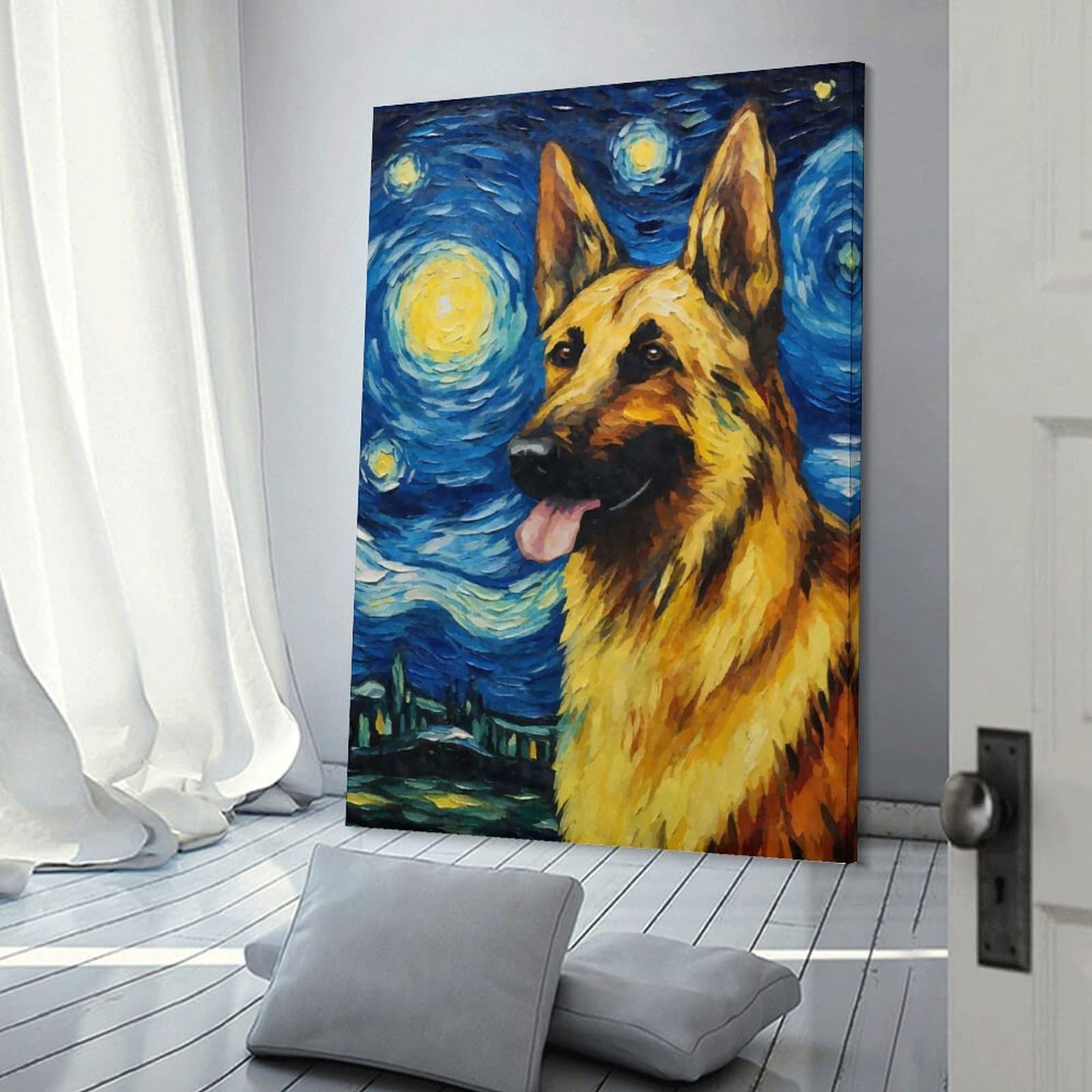 Junmoney Frame-Style-2 Canvas Wall Picture German Shepherd Night, 20X30inch(50X75cm), For Bedroom, Lounge Or Dressing Area, Stylish Decor For A Restful Room Update