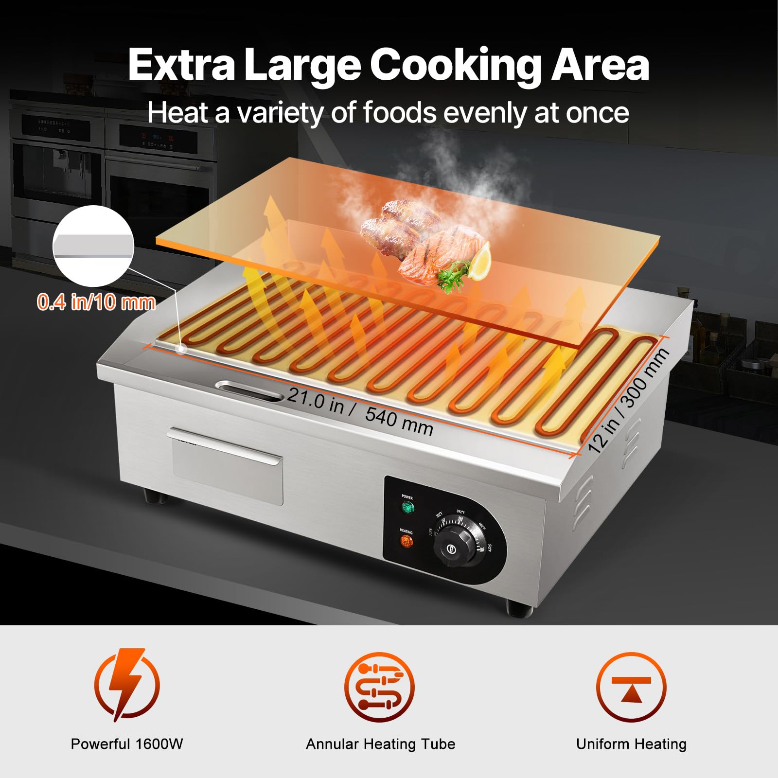 VEVOR Piastra Elettrica per Cottura Commerciale 1600W Superficie di Cottura 54 x 30cm, Piastra in Ferro per BBQ Cottura Evento all'Aperto Temperatura Controllata 50°C - 300°C Telaio in Acciaio Inox
