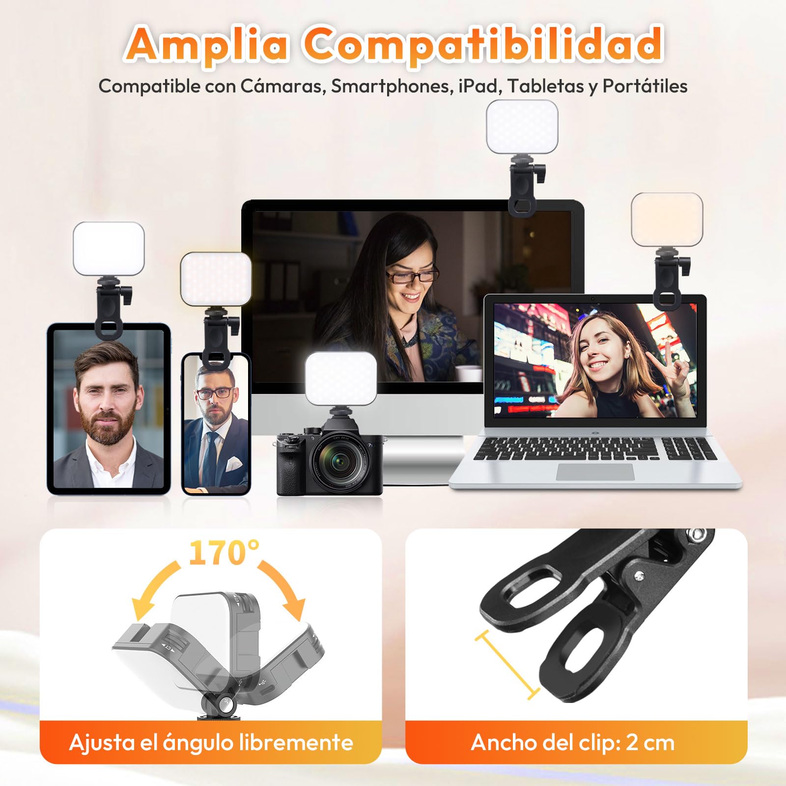 ULANZI VL100X Luz Selfie con Clip, Luz LED de Vídeo con Batería 2000mAh, Luz de Cámara Regulable 2500-6500K, CRI 95+, 3 Modos de Luz, Mini Luz de Vídeo para Teléfono Móvil, Tablet