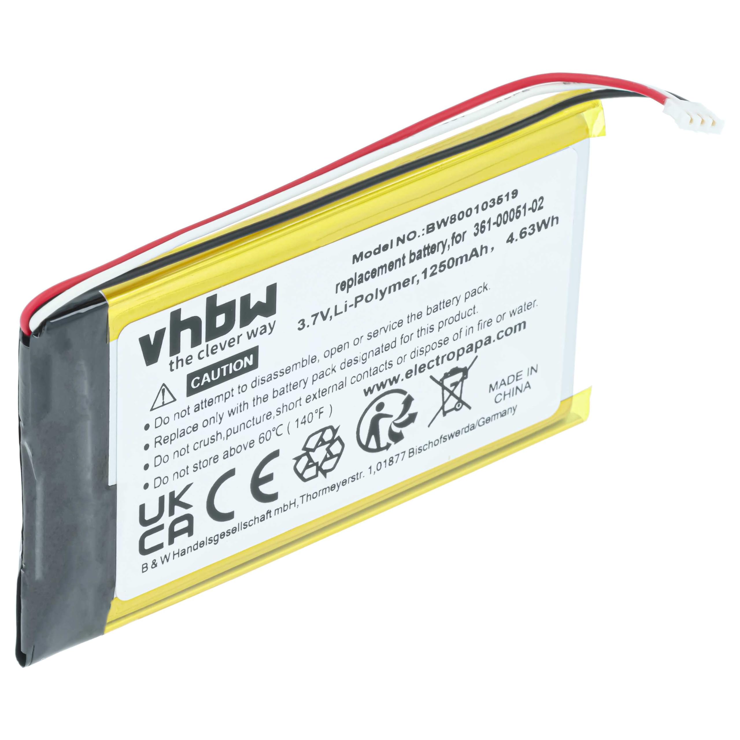 vhbw Bateria zamienna do Garmin 361-00051-01, 361-00051-02, 361-00051-00 do nawigacji GPS (1250 mAh, 3,7 V, Li-Ion)