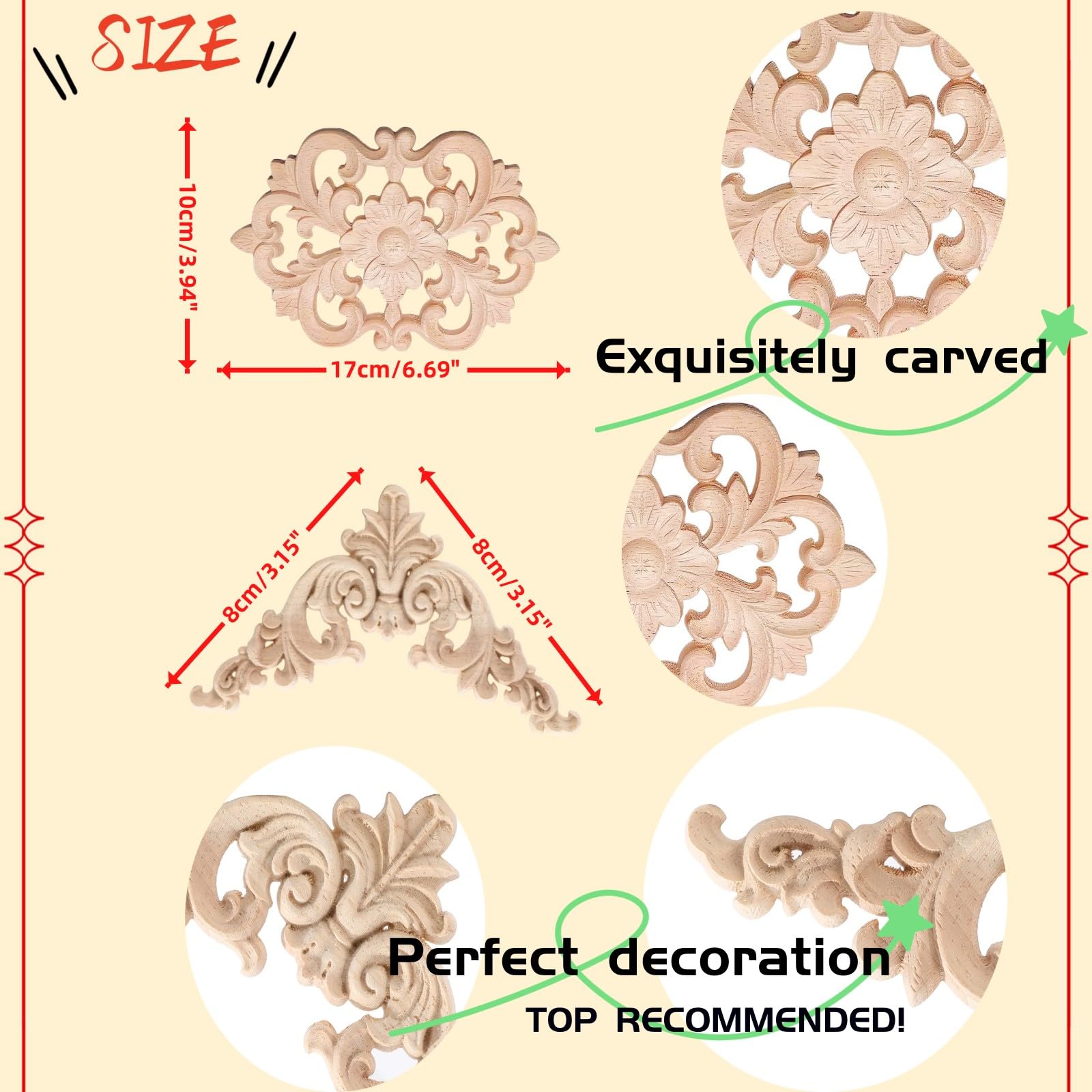 LXYUUM 5PCS Appliques Onlays Decorative for Furniture - Carved Onlay for Bed, Door, Cabinet, Wardrobe - Long Decoration Unpainted Wood Carving, 07