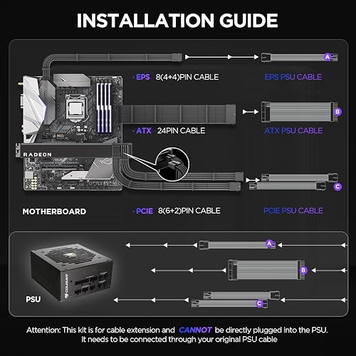 AsiaHorse 16AWG PSU Extension Cable Kit Black, 30CM Sleeved Custom PC Power Supply Cables, Soft Braided ATX 24Pin, EPS 4+4 Pin, 2x PCI-E 6+2 Pin, with Cable Combs for Cable Management - 2