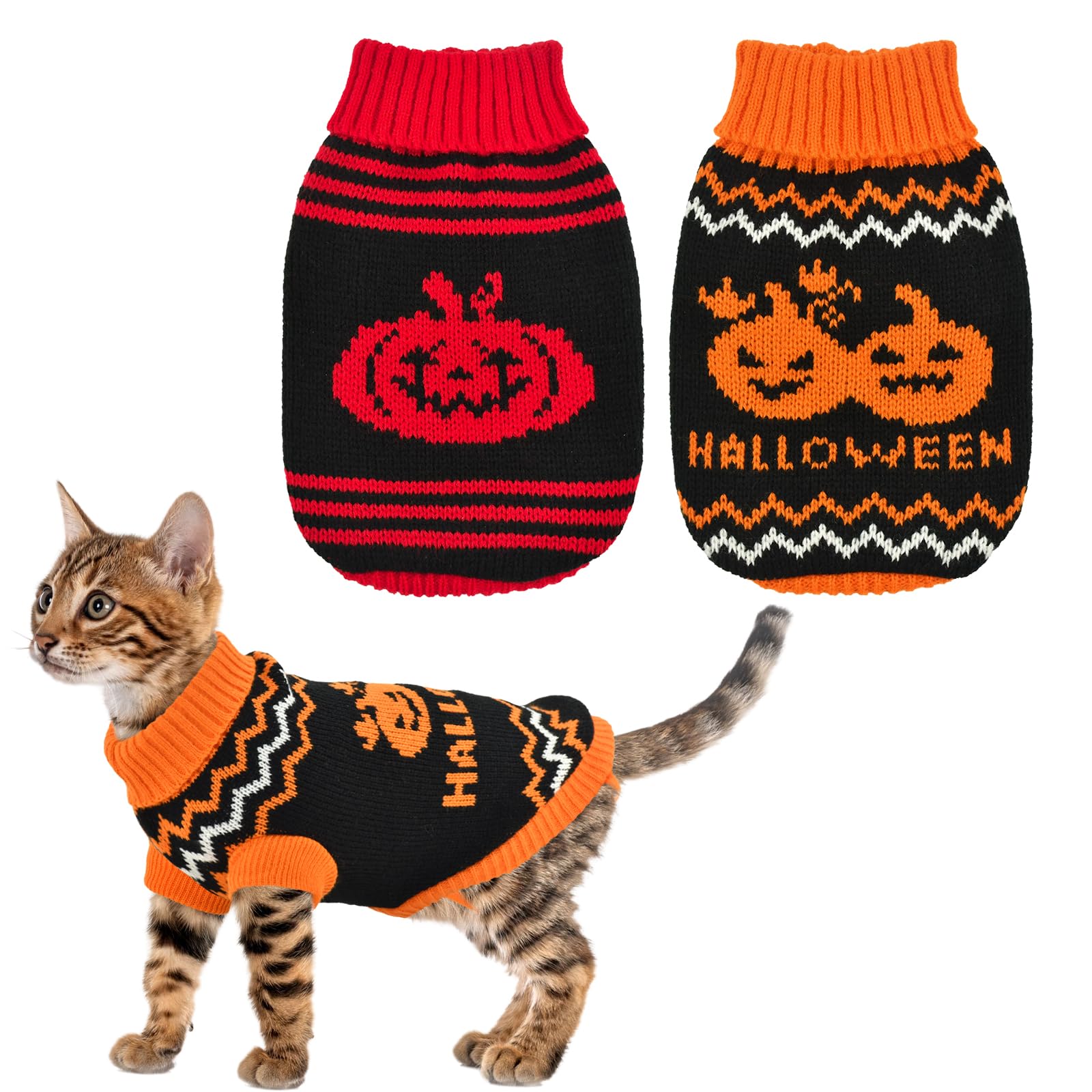 ShuRung 2-Pack Halloween Dog Sweater Cat Pumpkin Knitwear Clothes Costume with Cute Pumpkin Pattern Pet Warm Halloween Stripe Appeal Outfits for