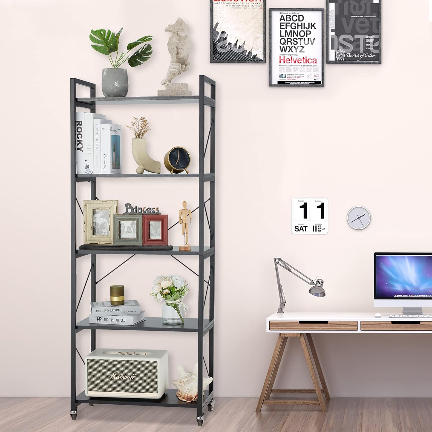 Buy ACIPENSER 5Tier Bookshelf, Tall Bookcase with Wheels, Rustic Wood