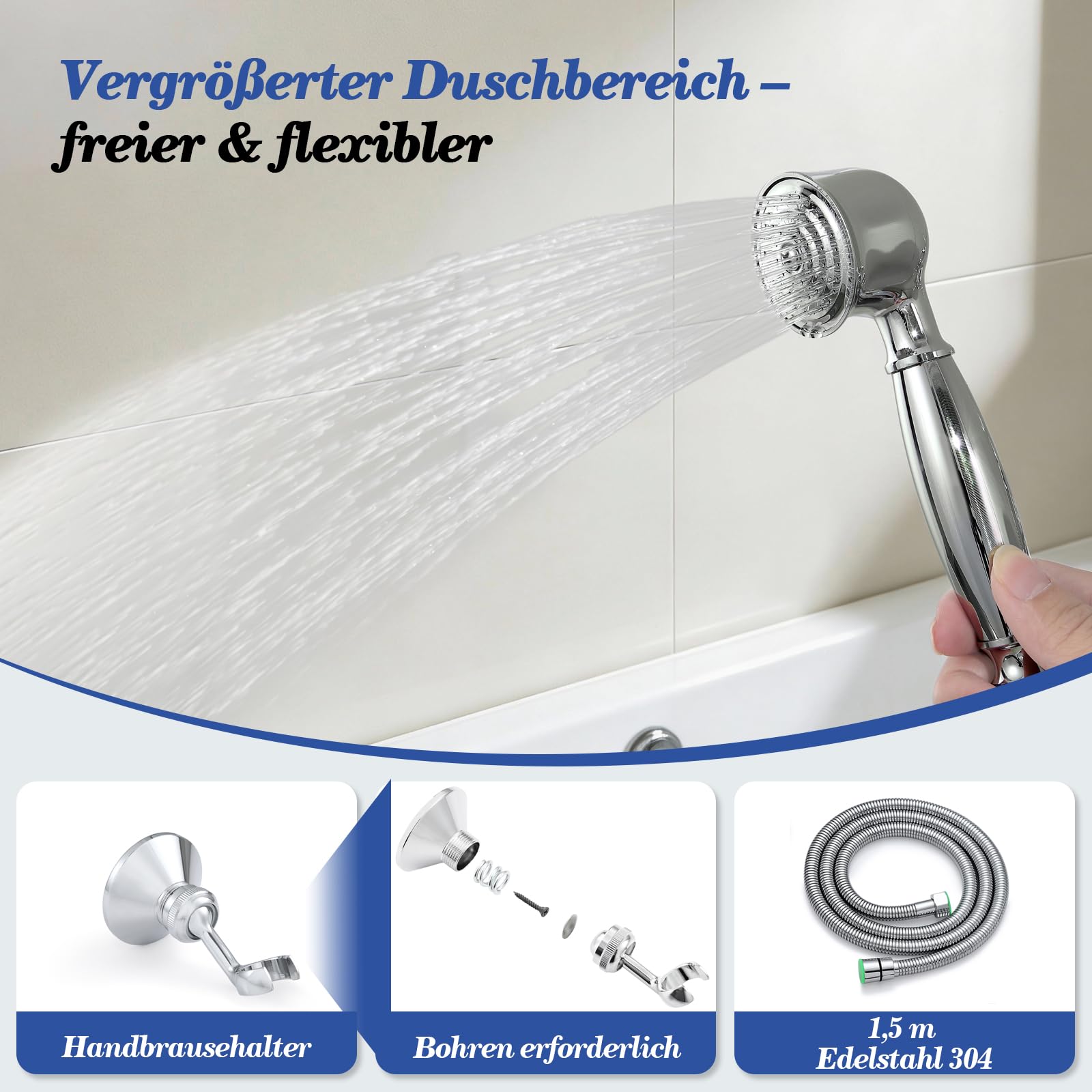 Badewannenarmatur mit Handbrause, Retro Messing Mischbatterie Badewanne Einhebelmischer mit Schlauch und Wandhalterung, Wandmontage Bad Armatur Dusche Antik Wannenarmatur für Badezimmer, Chrom