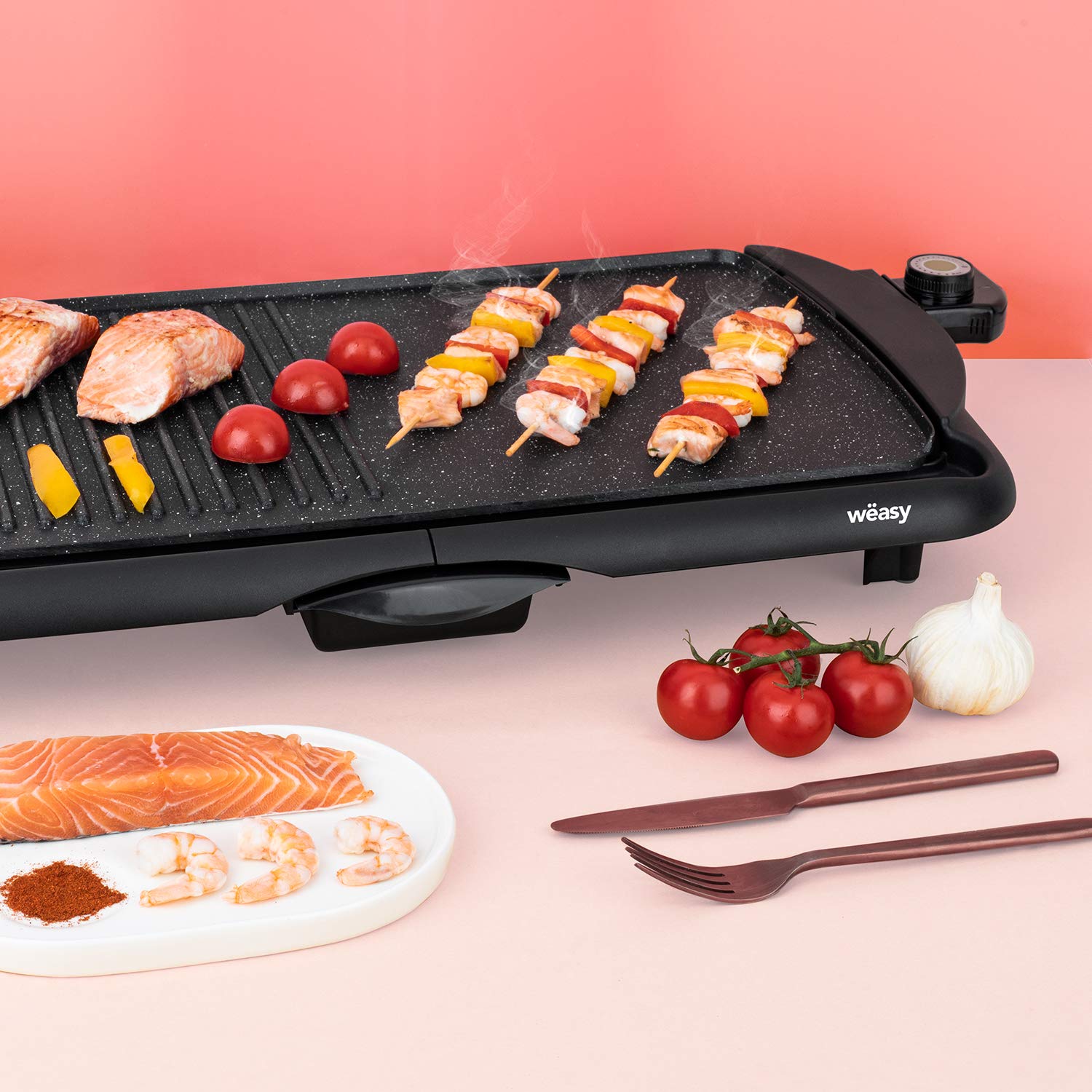 Plancha Electrique et Grill sur Table STO52 Compacte 2 en 1 Professionnelle, Plaque Amovible Antiadhésive Pierre, Compatible Lave Vaisselle