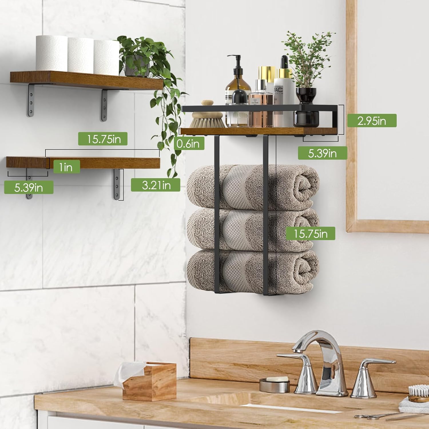 towel racks for bathroom-wall mounted floating shelves for wall bathroom bedroom kitchen living room, hanging book shelves decor bathroom organizer, 16 inch solid wood, (walnut-like, set of 3, 16in) walnut-like 3piece-16 inch