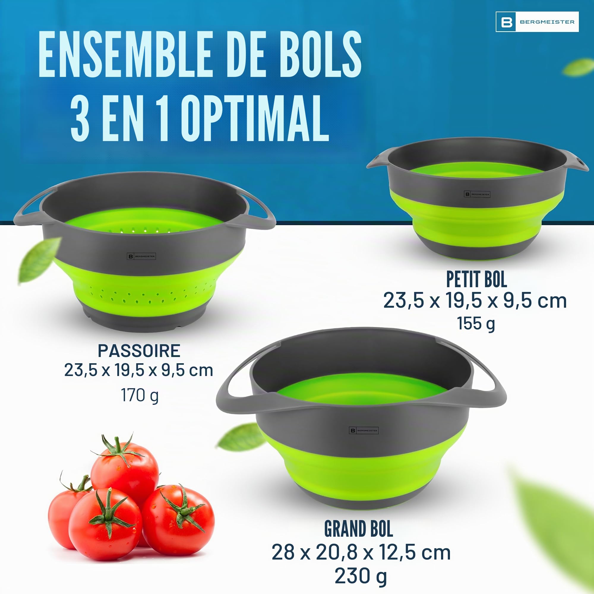 Ensemble de bols pliables 3 en 1 avec passoire 1,7 l / 2,8 l - Multifonctionnel - Passe au lave-vaisselle - Merveilleux de place pour chaque maison et cuisine de camping en plein air