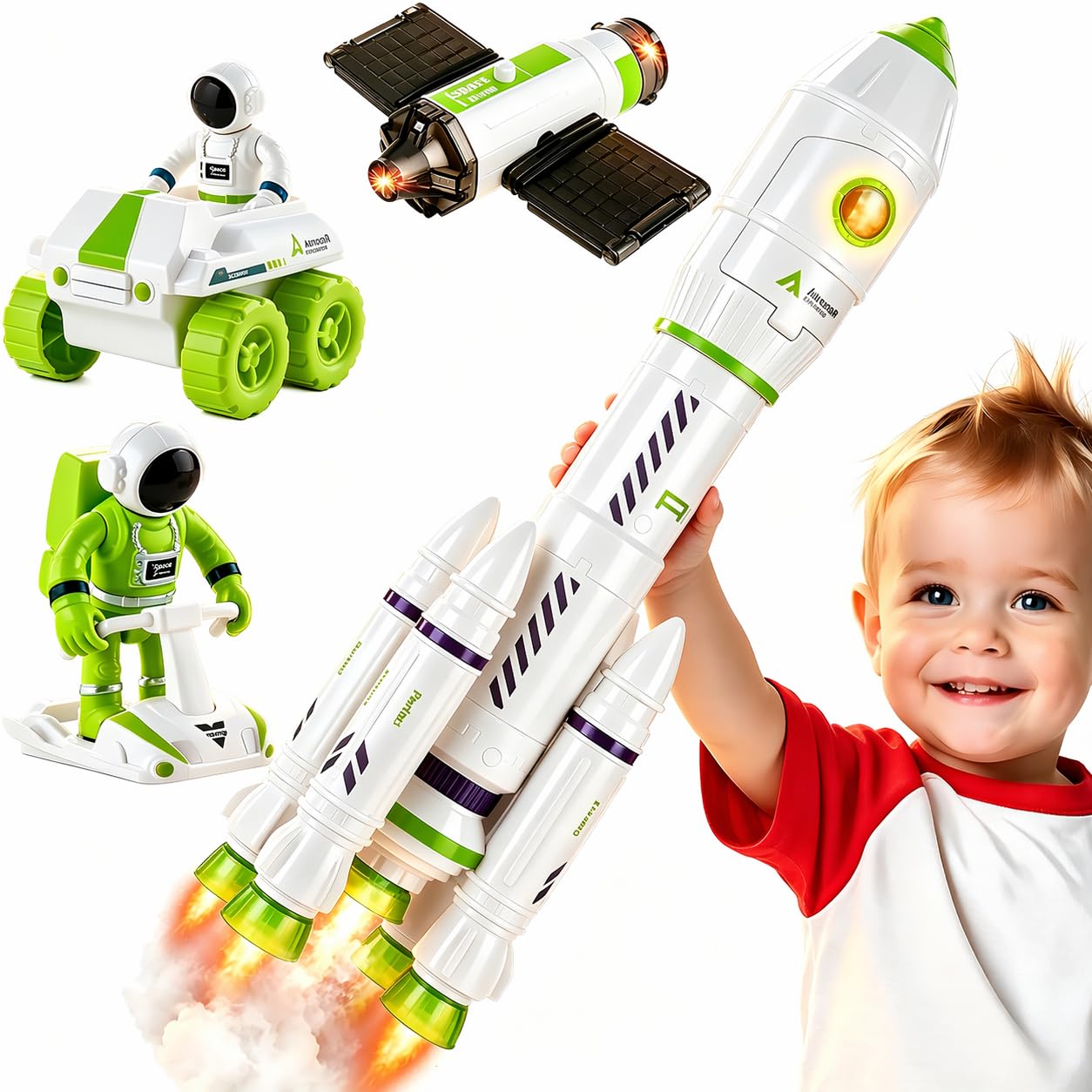 Wanonoo Space Rocket Toy Set for Kids 3-5 with Lights & Sound, STEM Launch Set with Rocket, Astronaut Toy, Satellite, Moon Rover, Pretend Play Space Exploration Toys, Birthday Gift for Kids