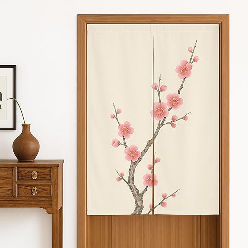 Cortina de puerta floral japonesa, cortinas de puerta de flores Noren, cortina de puerta de lino, tapiz para cocina, bistró, 33.5 x 55 pulgadas