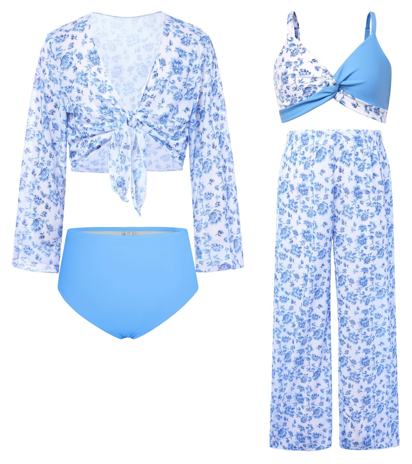 GRACE KARIN Maillot de bain pour fille - Chemisier + culotte + sarong - Bleu vert - 7 ans