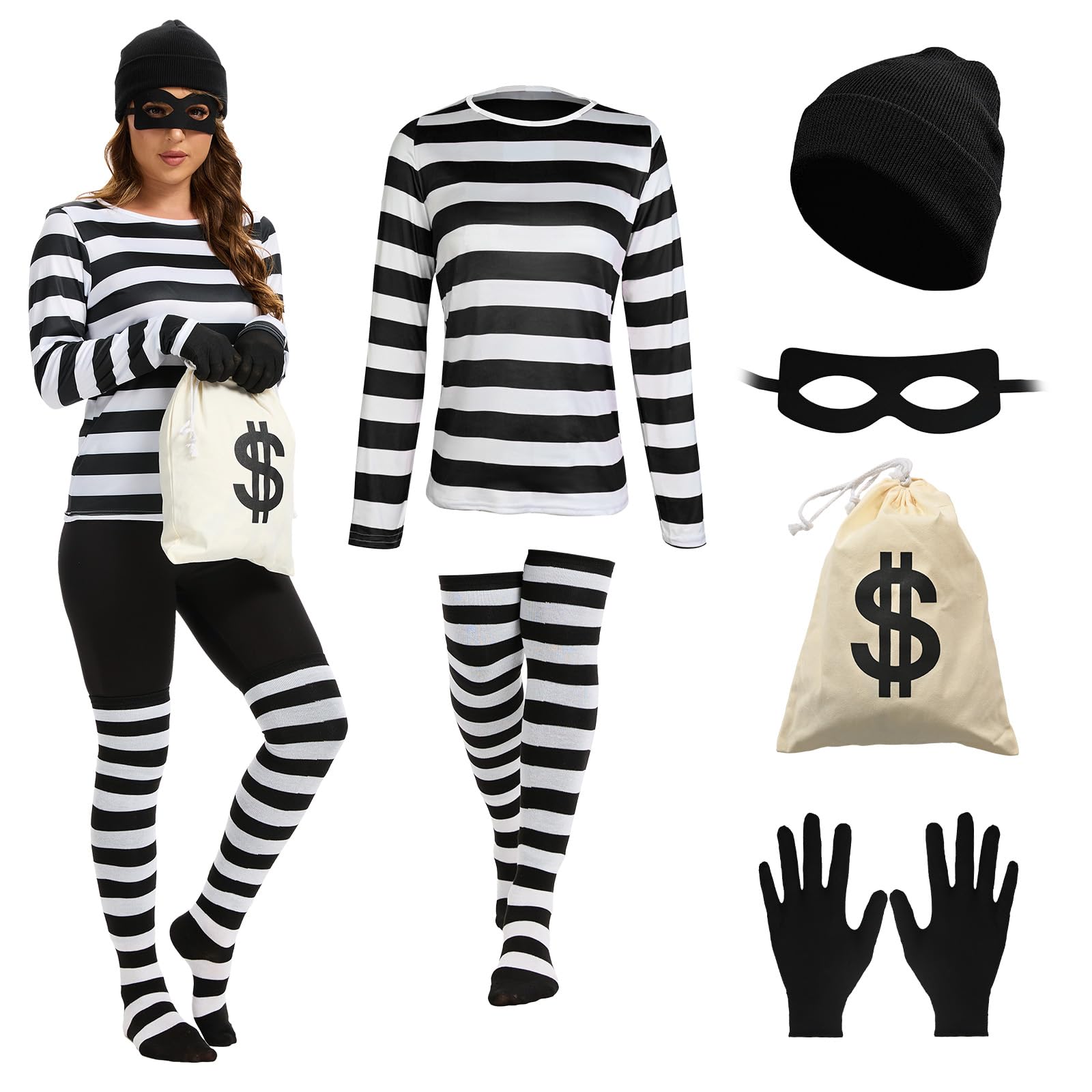 ZFTCN Black White Burglar Costume for Halloween Party Fancy Dress(XL)