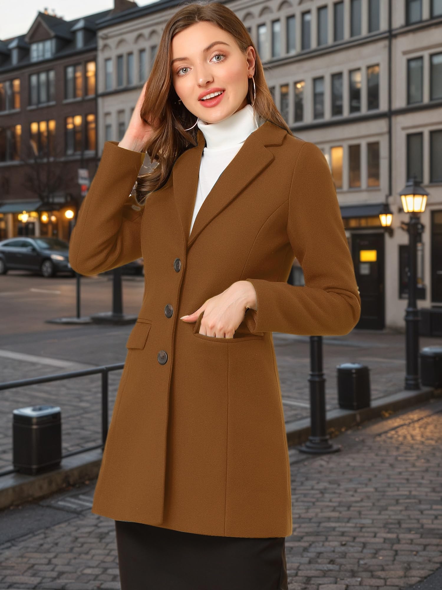 Allegra K Wintermantel für Damen mit gekerbtem Revers, einreihig geknöpft, Dunkelbraun, L