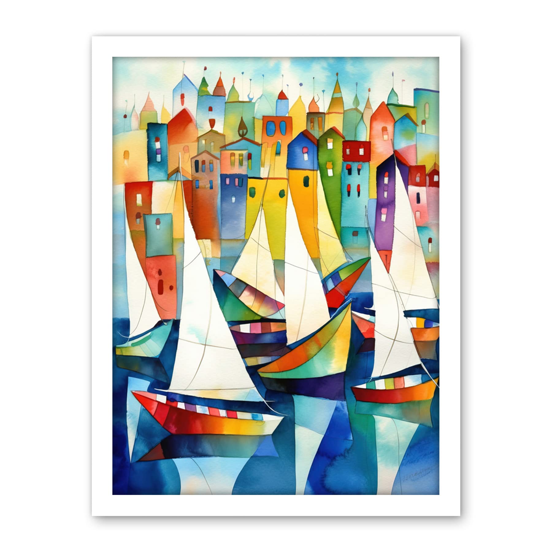 Artery8 Harbour Boats Folk Art Watercolour Painting Artwork Framed Wall Art Print 18X24 Inch