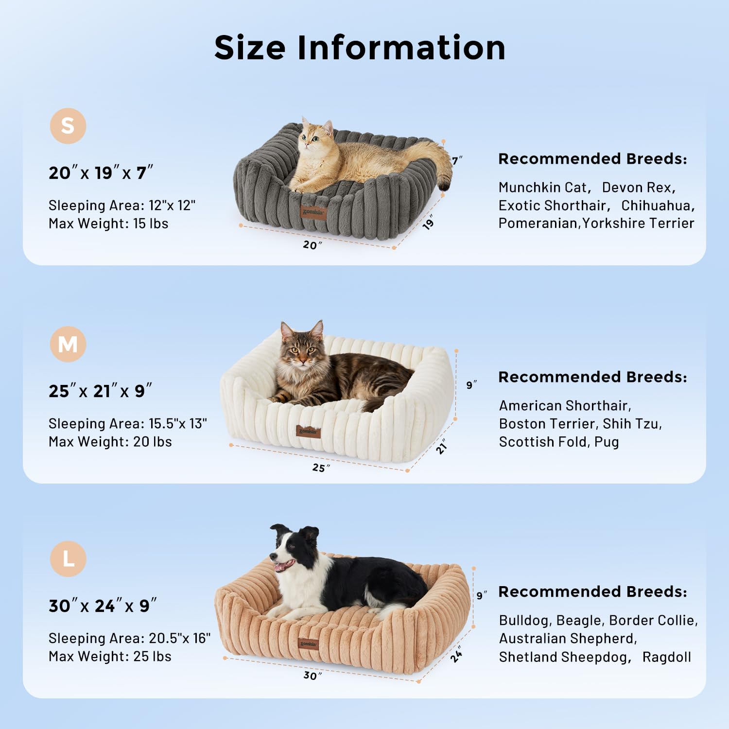 ZOMISIA Camas para perros pequeños, camas lavables para gatos de interior, cama ortopédica rectangular para cachorros con funda extraíble esponjosa, 20 x 19 x 7 pulgadas, color gris