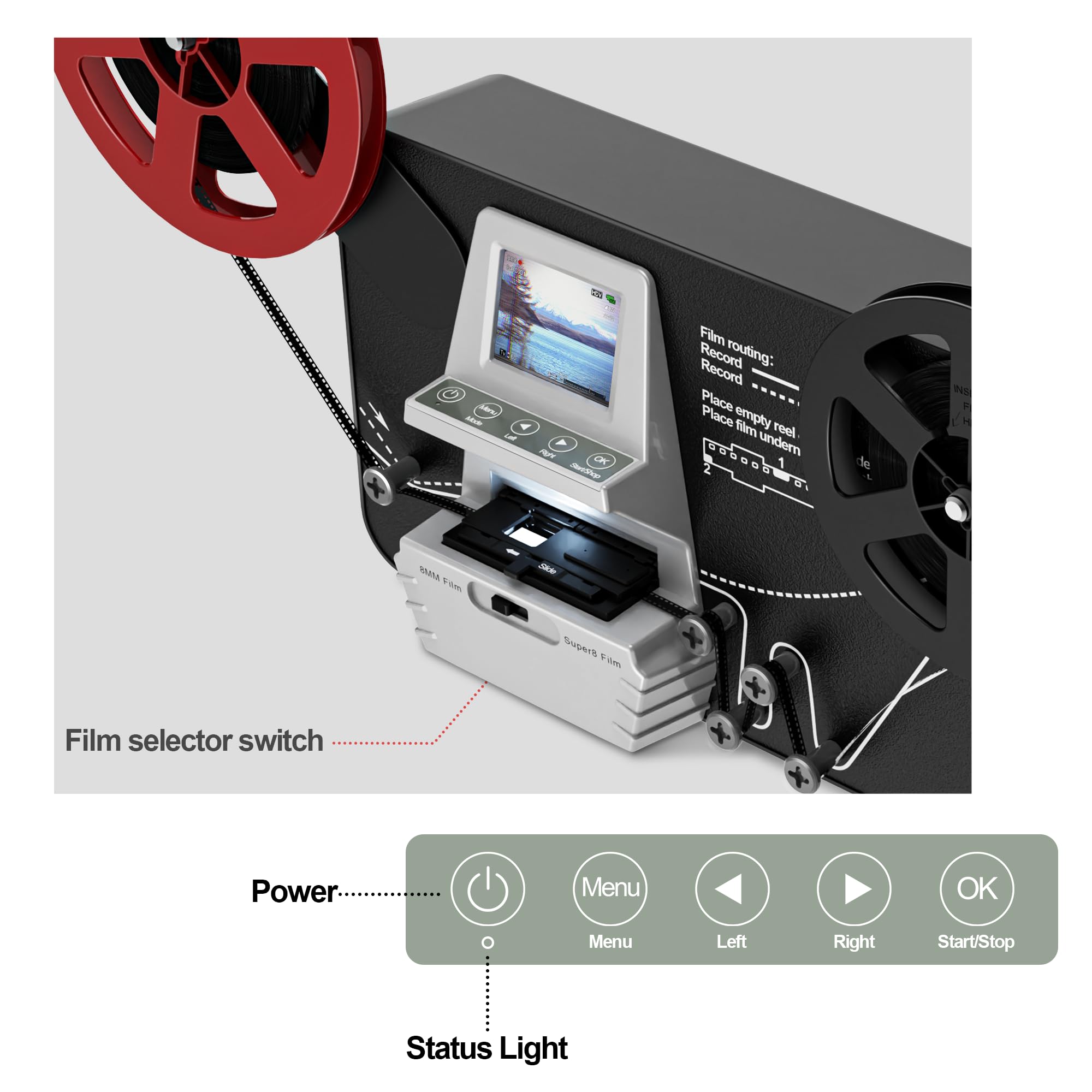 Super skaner filmów, 8/8 mm, konwerter w rolce (film na rolce 3", 5", 7 cali i 9 cali), digitizer wideo z wyświetlaczem LCD 2,4 cala, 1080p i kartą pamięci SD 32 GB