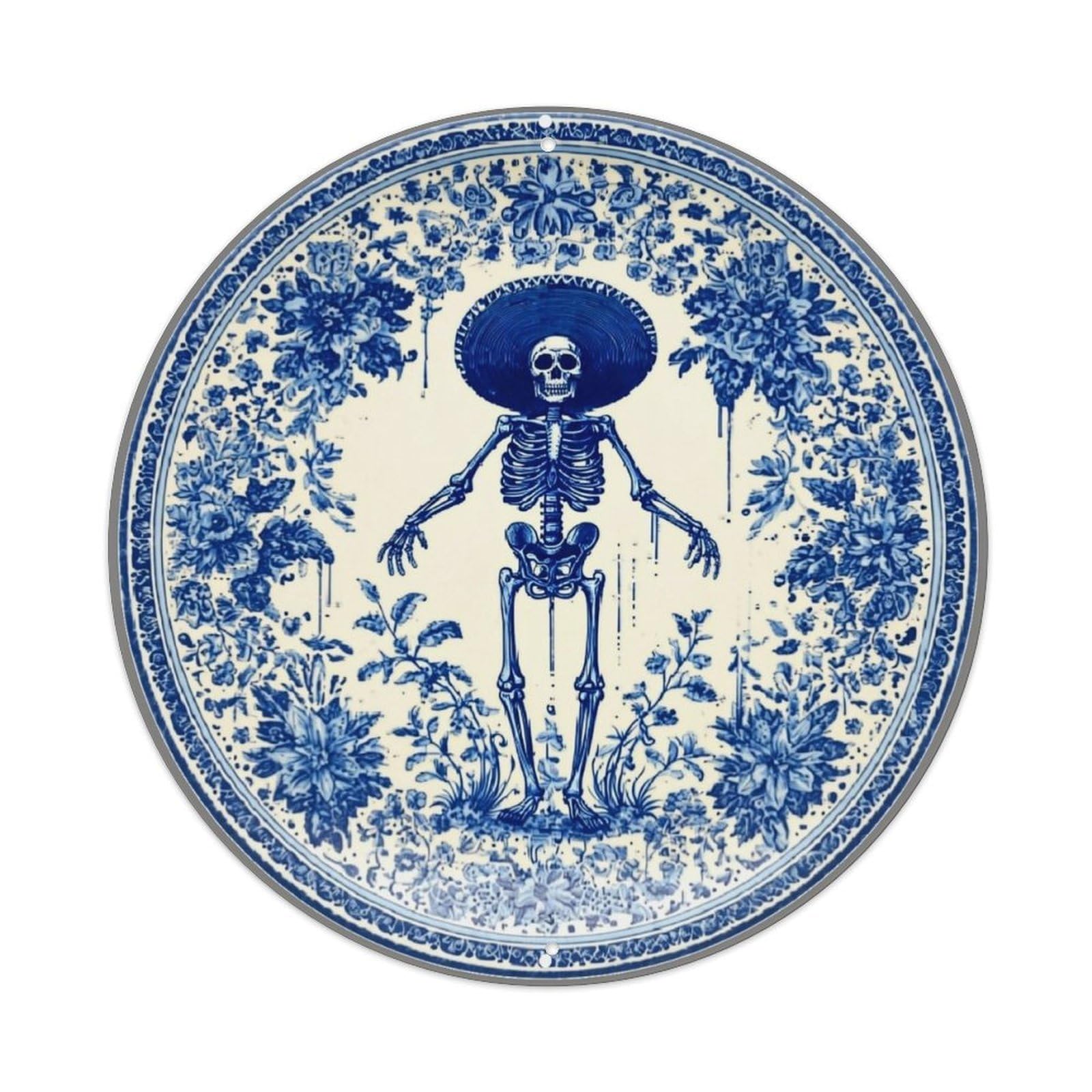 Blue And White Floral Skeleton Metal Tin Sign Plaque