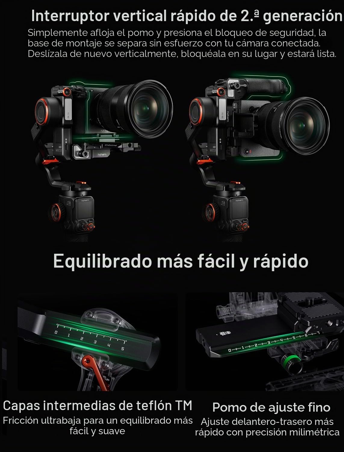 Hohem iSteady MT3 Pro - Estabilizador de cámara 4 en 1 con rastreador de IA, controles de pantalla táctil desmontables, luz de relleno, cardán de 3 ejes para cámaras de acción y teléfonos inteligentes