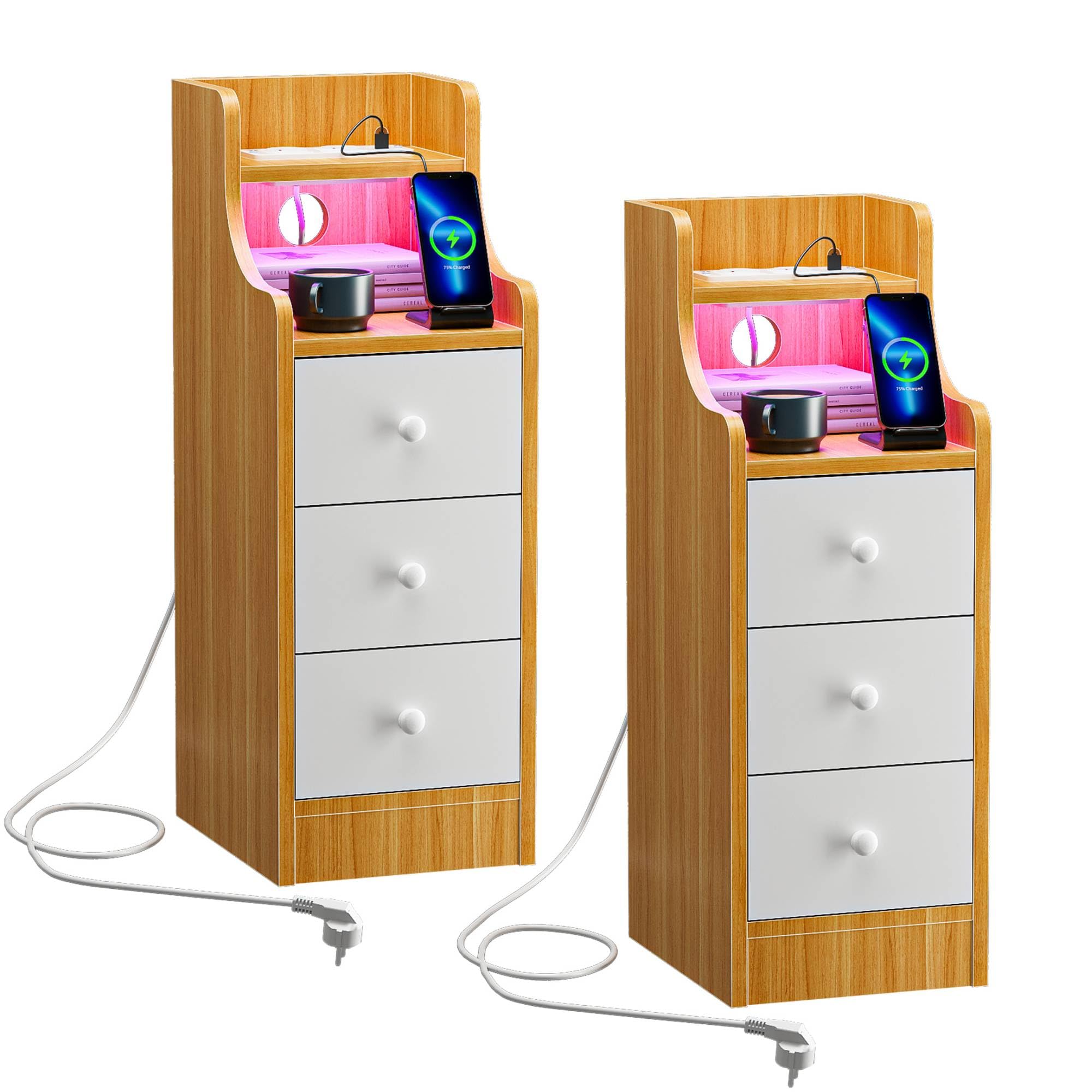 Ztexkee Set of 2 Slim Bedside Tables Narrow End Tables with Power Socket and RGB Light Strip Nightstand with 3 Drawers and 2 Compartments Bedside Table for Bedroom, Living Room Orange-White