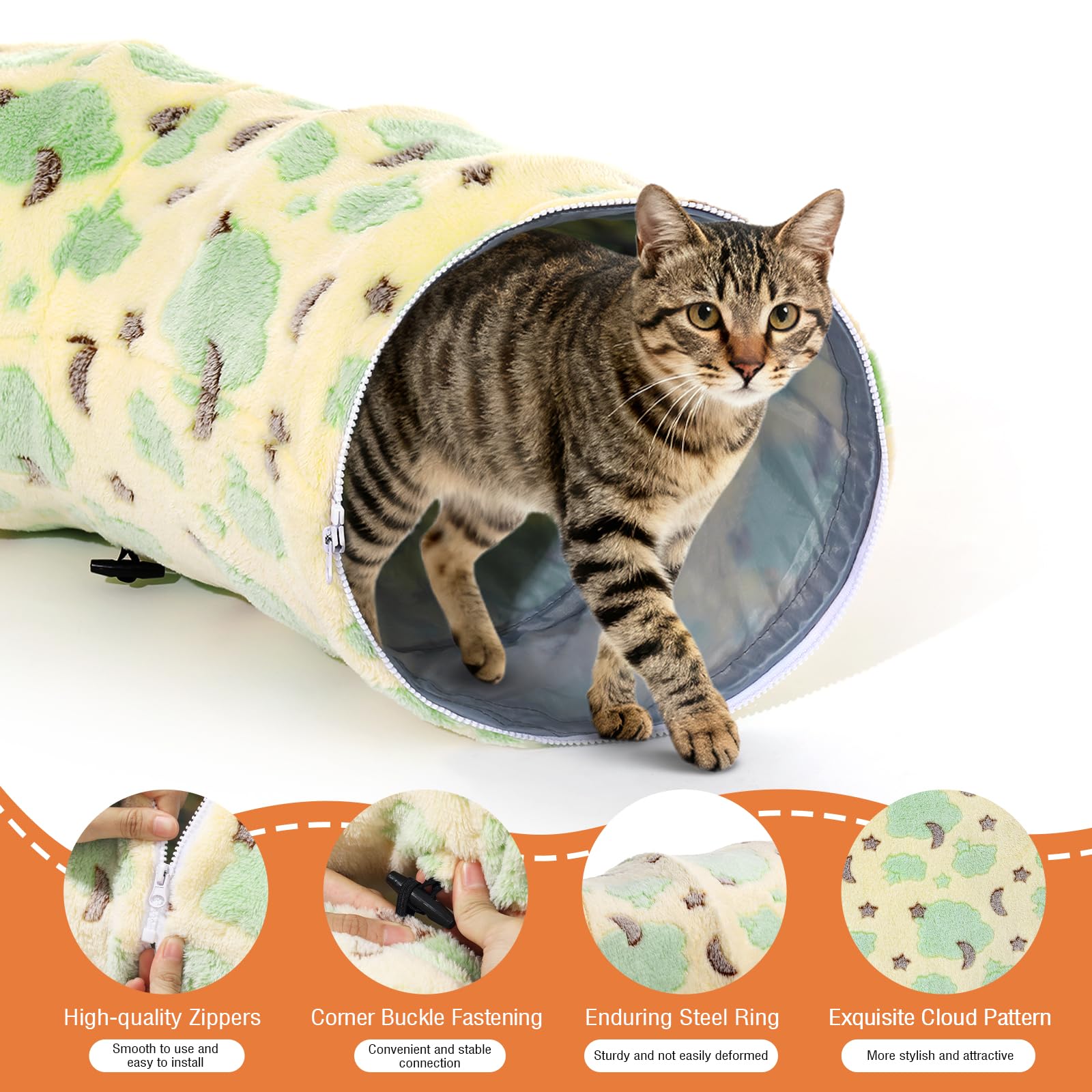 Tivray Tunnel per Gatti sotto L'albero di Natale, Letto-Tunnel in Peluche 90 cm con Palla Giocattolo e Cuscino Circolare, Grotta Interattiva Peekaboo, Regalo di Natale, Giallo & Nuvole