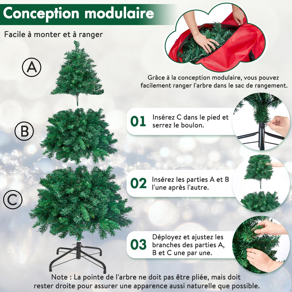 OUSFOT Vert Sapin de Noel, 1099 Branches Sapin de Noel Artificiel 210cm, avec Base en Métal Matériau PVC,Convient pour Le Salon,Chambre,Bureau