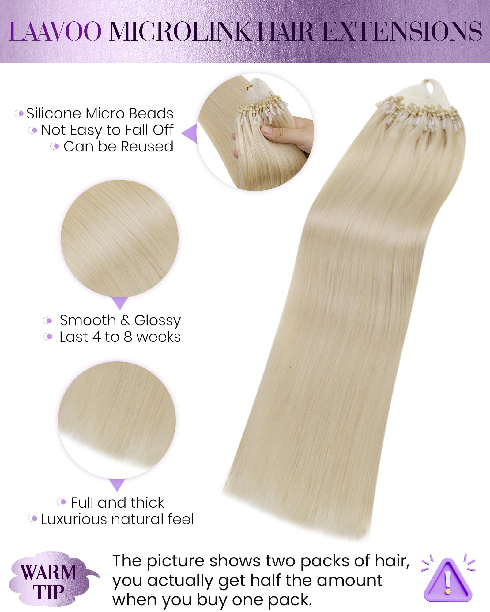 LaaVoo Blonde Micro Loop Hair Extensions Real Human Hair 24 Inch Remy Straight Platinum Blonde Invisible Micro Ring Hair Extensions 50g 50s #613 - Image 2