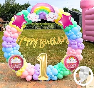 Flyloons Latex Rainbow Theme 1St Birthday Decorations Kit Girls Boys Kids Baby Girl For 1 Year With Number Rainbow Pink Star Pink Purple Yellow Blue Green Pastel Balloons Happy Gold Banner,58 Pcs