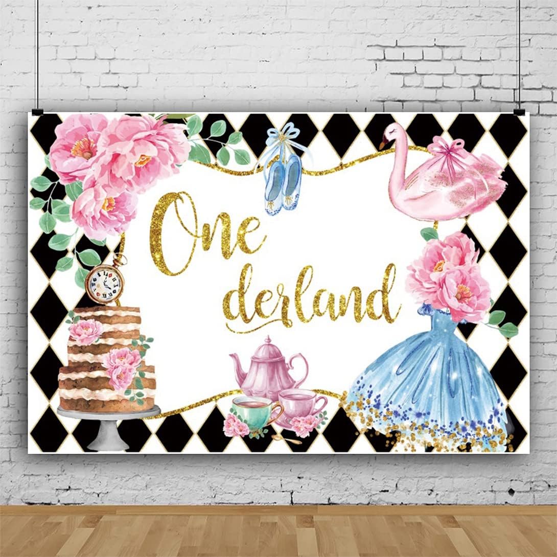 Renaiss 7x5ft Wonderland First Birthday Backdrop Pocket Watch Black White Checks Onederland Tea Party Background Princess Dress Pink Floral Tea Theme Girls 1st Birthday Party Decor Photo Booth Props