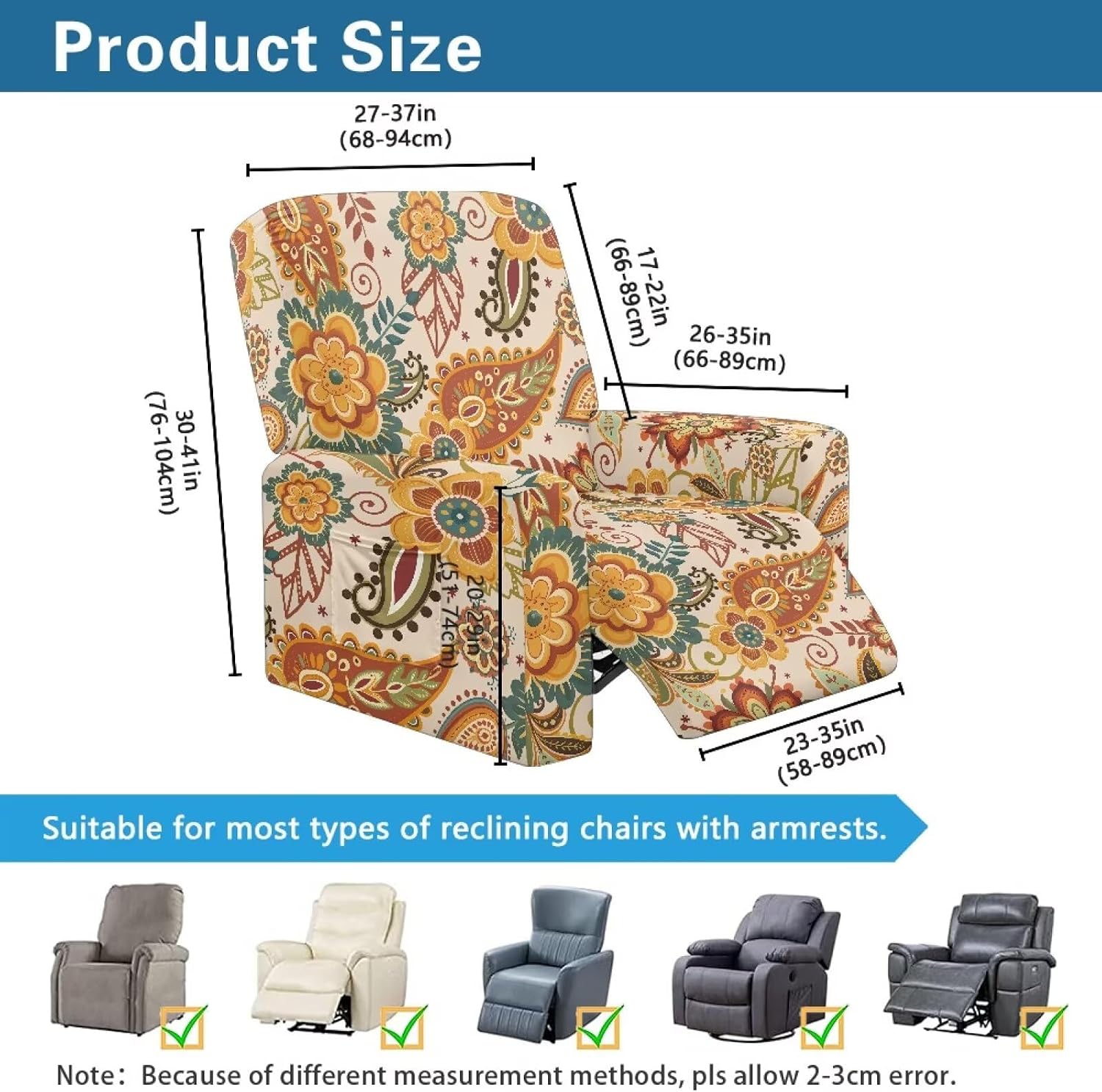 Talayituse Boho Mandala Flower Print Recliner Chair Covers 4-Pieces Soft Sofa Slipcovers Modern Home Decor, Stretchable Furniture Protector with Elastic Bottom